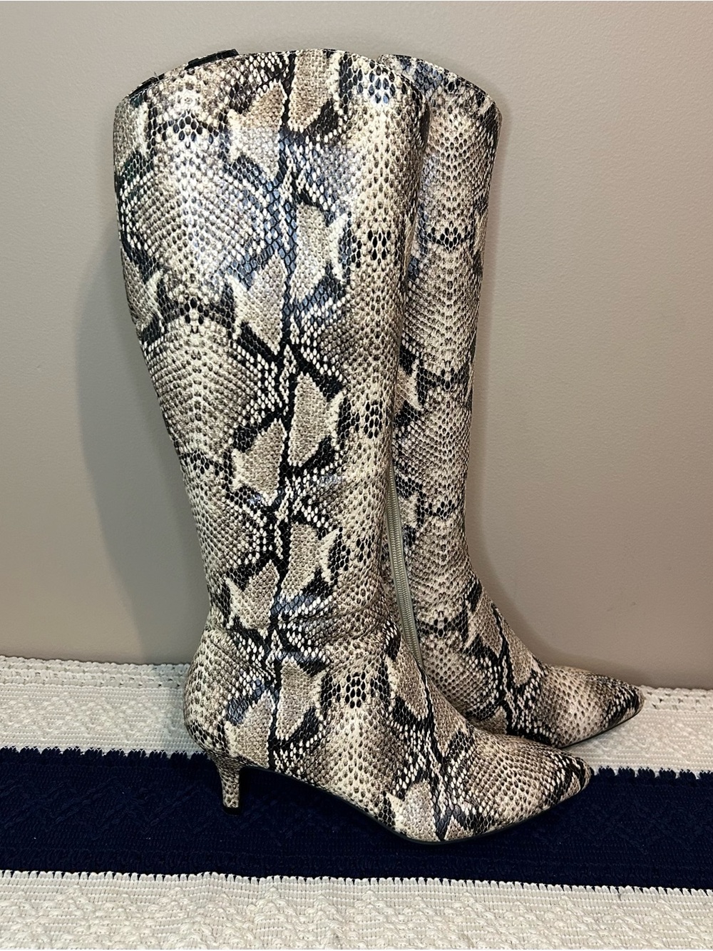 Andrew Geller Black and White Snake-Print Over-The-Knee Boots